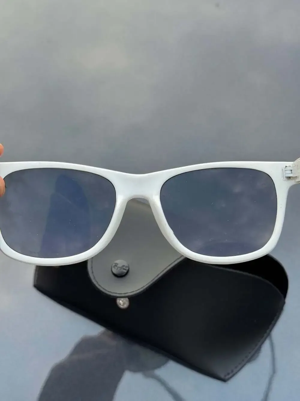 Ray-Ban Polarized Wayfarer Sunglasses in White Frame with Blue Mirror Lenses